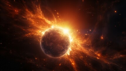 Poster - Space scene with sun, dark cosmic background, bright solar flares