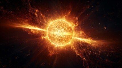 Poster - Space view of the sun, dark cosmos, brilliant solar rays, colorful atmosphere