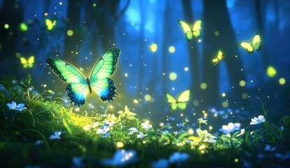 Wall Mural - Green butterflies flying in the blue forest, green grass and white flowers on the ground