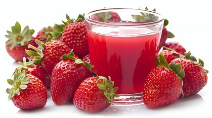 Wall Mural - A glass of fresh strawberry juice surrounded by ripe strawberries on a white background.