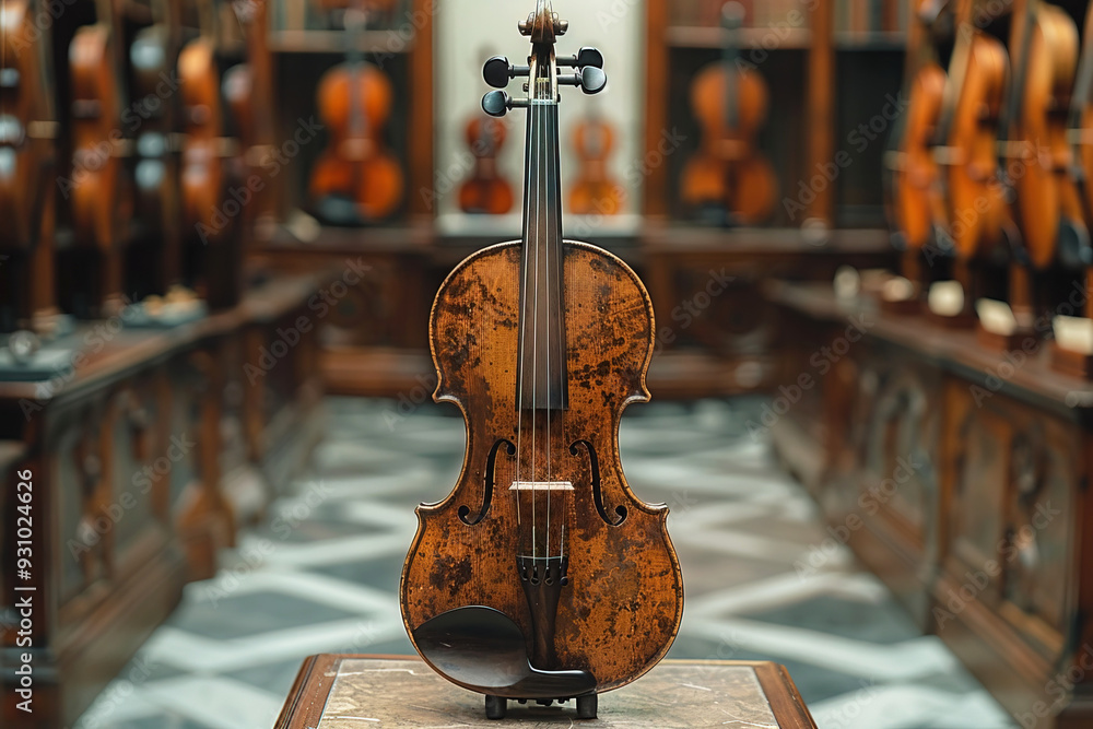 Old Looking String Showcase of antique violins, vintage musical instruments in a row ...