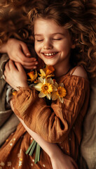 Young girl with curly blonde hair smiling while holding a bouquet of yellow daffodils