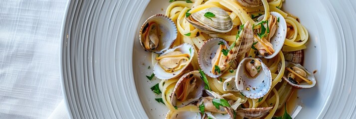 Wall Mural - Pasta with Little Neck Clams Presented on a White Plate