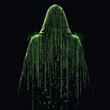 © elimicel - Shadowy figure in a hooded jacket standing against a backdrop of digital data code