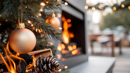 Wall Mural - Cozy Christmas Decor:  Fireplace, Pine Branches and Golden Baubles