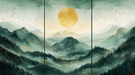 This stunning set of three abstract art panels showcases majestic mountains beneath a radiant sun, enhancing any living space with natures beauty and promoting relaxation and peacefulness