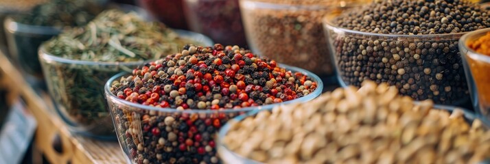 Sticker - A selection of fragrant spices, dried herbs, and peppercorns displayed at a food market stall.