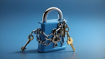 On a blue backdrop, a padlock with stray keys surrounding it symbolizes a security or privacy idea. 3D Production