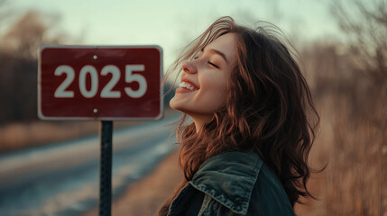 Young happy woman positive about the coming 2025 New Year showing an happy face in front of a 2025 New Year sign representing hope and trust in the future for the Happy New Year