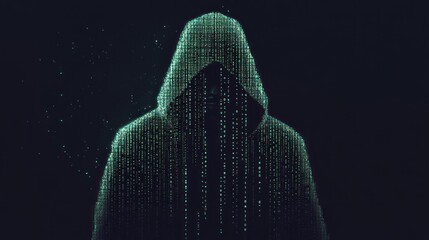 Shadowy figure in a hooded jacket standing against a backdrop of digital data code