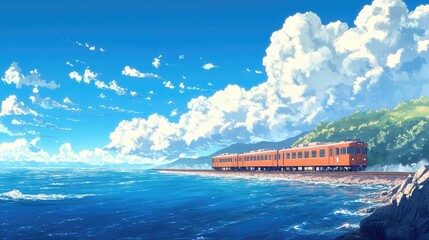 Wall Mural - An endless ocean with a retro two-carriage train speeding across, beneath a clear, cloudless sky, in a peaceful anime world.