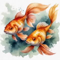 A delicate watercolor illustration of two goldfish. The fish are depicted with graceful, flowing fins that seem to ripple gently through the water.