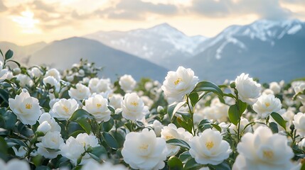 A field of white camellias blossoms in full bloom, with a mountain range in the background and a soft, golden sunset light.