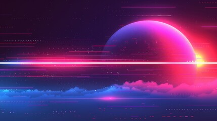 Wall Mural - Retro Futuristic Landscape with a Glowing Planet