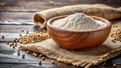 Poster - Buckwheat flour in wooden bowl on rustic background, buckwheat, flour, pile, wood, bowl, powder, dry, ingredient