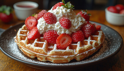 Poster - Sweet berry waffle on rustic wooden table plate generated by AI