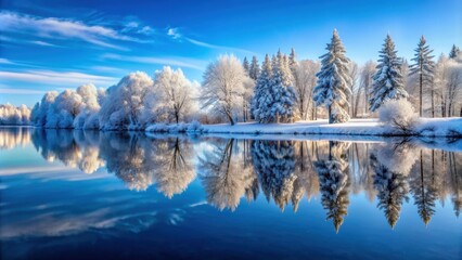 Wall Mural - Beautiful shot of water reflecting snowy trees under blue sky, ideal for backgrounds, winter, snow, trees, water