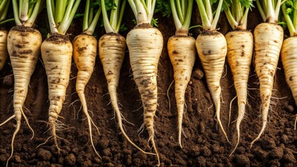 Poster - Close-up of fresh parsnip roots with soil , parsnip, vegetable, root, organic, fresh, soil, garden, natural, healthy, harvest