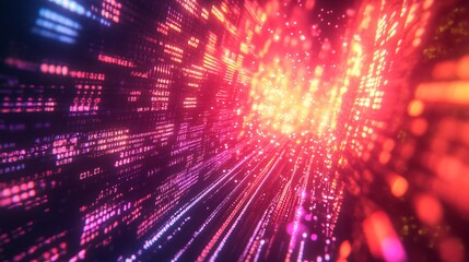 An abstract pattern of binary code and light particles symbolizing data flow and technology