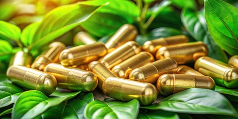 Poster - Golden capsules shining among lush green foliage, capsules, gold, shiny, lush, green, foliage, leaves, nature, natural