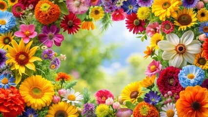 Wall Mural - Beautiful frame of vibrant summer flowers, summer, flowers, colorful, bright, blooming, nature, botanical, garden, floral