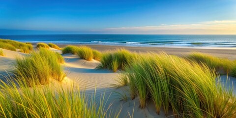 Canvas Print - Grass on the beach with sand dunes and ocean in the background, seascape, coastal, nature, greenery, serene, peaceful