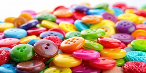 Canvas Print - Close up of a colorful assortment of button-shaped candies on a white background, sweet, candy, colorful, assortment, treats