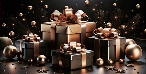 Wall Mural - Christmas background banner . Gift boxes with gold bow and golden xmas decor on black background . Copy space.