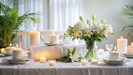 Wall Mural - Elegant spa table setting with white linens, fresh flowers, and candles, spa, elegant, table setting, white linens