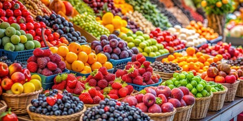 Assortment of fresh colorful fruits and berries on display at a market stall, fresh, colorful, fruits, berries, assortment, display