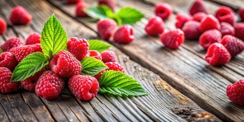 Poster - Fresh raspberries on a rustic wooden table , food, berries, red, fruit, healthy, organic, delicious, snack, dessert