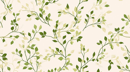 Canvas Print - A light seamless pattern with delicate green leaves on intertwining branches against a soft cream background, offering a natural and minimalist aesthetic.