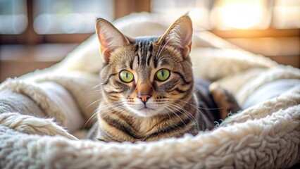 Poster - Cat lying comfortably on a cozy bed, feline, relaxation, pet, domestic, cozy, comfortable, lazy, indoor, adorable, furry