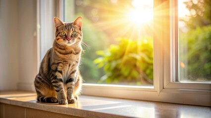 Poster - Playful tabby cat sitting in a sunbeam on a window sill, feline, domestic, pet, animal, whiskers, fur, playful, cute, sitting