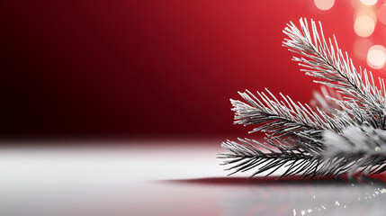 Wall Mural - Frosted Pine Branch on Red Background for Winter Designs