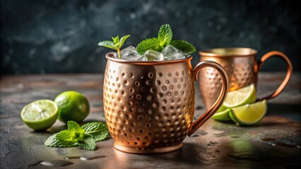 Wall Mural - Refreshing Moscow Mule cocktail in copper mug with lime and ginger beer, Moscow Mule, cocktail, drink, copper mug, vodka