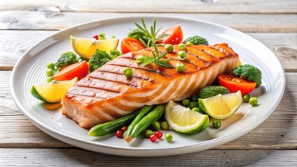 Wall Mural - Grilled salmon steak with vegetables on a white plate , grilled, salmon, steak, vegetables, food, delicious, healthy, meal, seafood