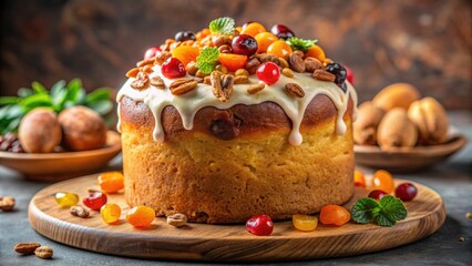 Canvas Print - Delicious Paska Easter bread topped with candied fruit, nuts, dried berries, apricots, and chocolate, Easter, bread