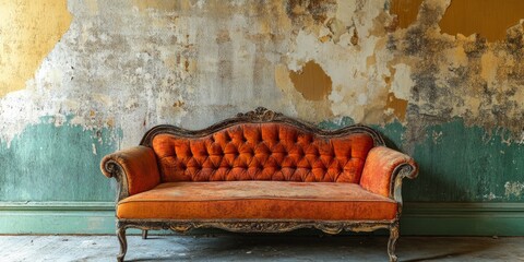 An ornate orange couch is elegantly placed against peeling walls, creating a charming and nostalgic atmosphere that beautifully transports one to a different time and place filled with memories