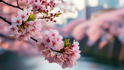 Wall Mural - Blooming cherry blossoms bloom by the river, with a soft background and full of spring.