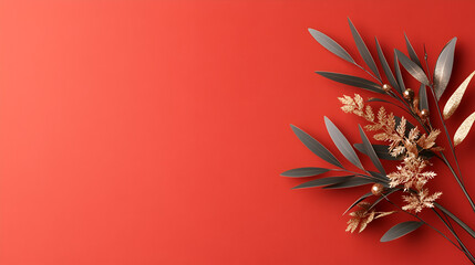 Wall Mural - Red Background with Elegant Gold and Black Foliage - Perfect for Your Next Design Project!