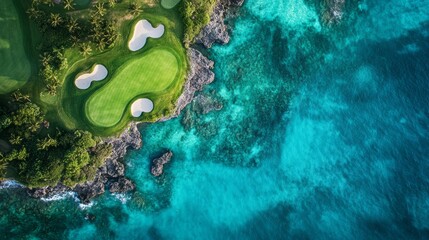 Wall Mural - Aerial view of a golf course by the ocean in paradise, with vibrant colors and beautiful nature photography.