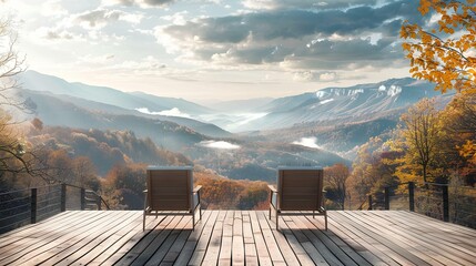 Wooden terrace with two armchairs overlooking the valley and mountains, sunset, photo for real estate, panoramic view of balcony landscape design with furniture.