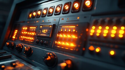 A close-up shot of a futuristic control panel with glowing buttons and dials.