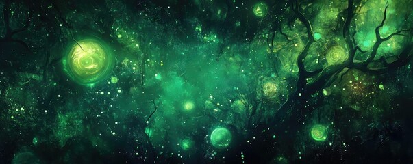 A mystical green galaxy filled with luminous orbs and cosmic elements, perfect for fantasy and science fiction themes.