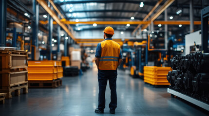 A worker in a safety vest and hard hat stands in a large industrial warehouse, surrounded by machinery and storage containers.