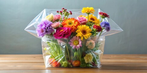 Canvas Print - Colorful flowers arranged in a clear plastic bag , vibrant, floral, bouquet, gift,packaging, nature, spring