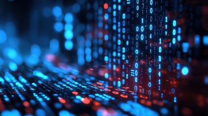 A vibrant digital landscape with blue and red binary code flowing, representing technology and data in a futuristic setting.