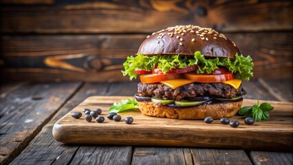 Delicious black bean burger served on a rustic wooden board , black bean, burger, vegetarian, vegan