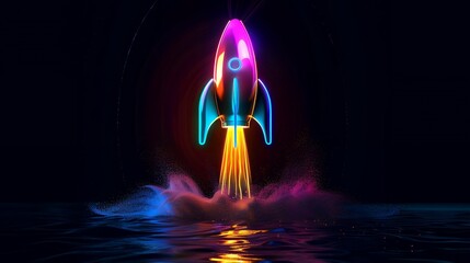 3d illustration rocket space colorful holographic in dark background for Business start up and science concept